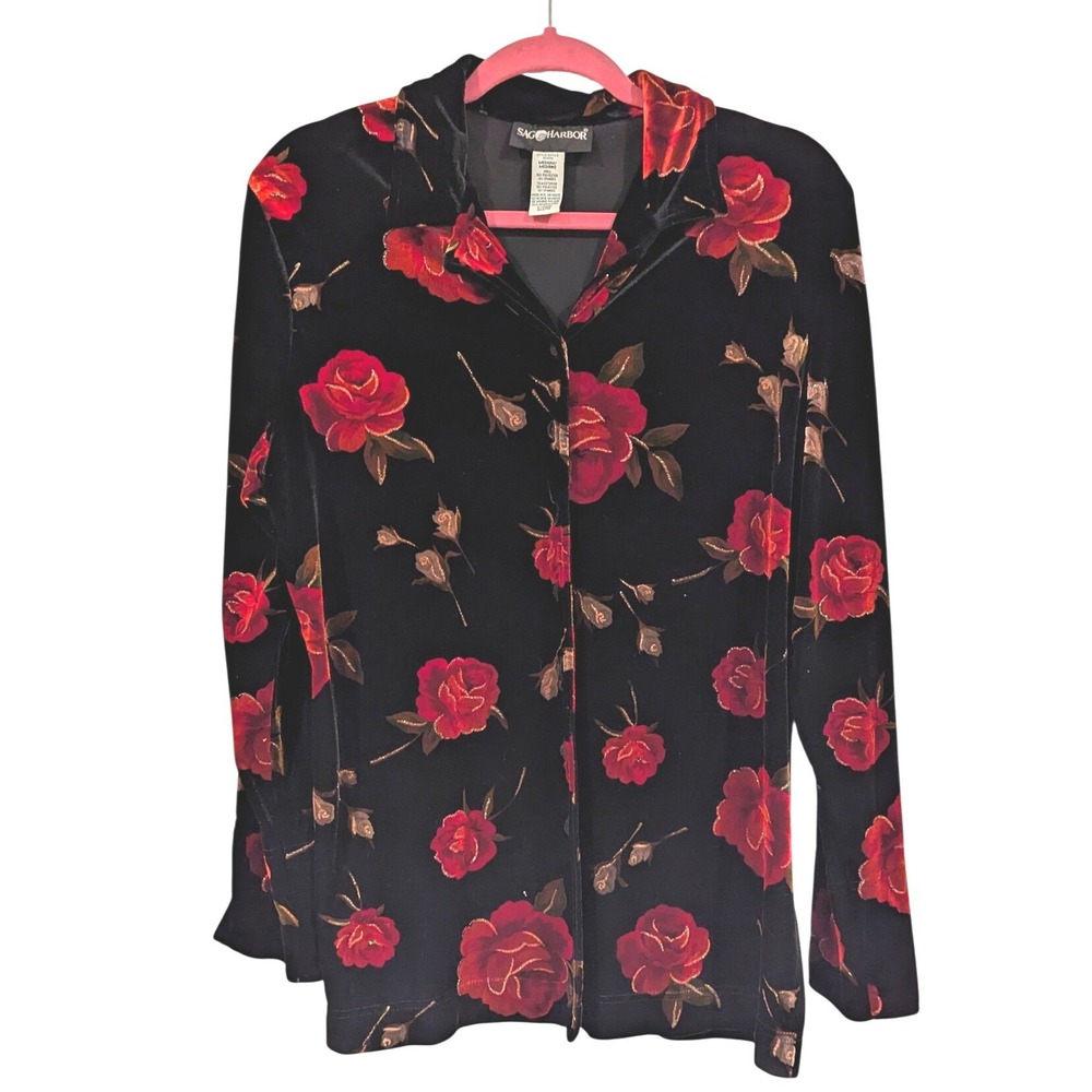Sag Harbor Womens Velvet Rose Floral Button Up Shirt Black Red Gold Medium